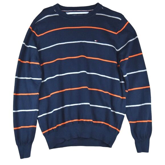 Tommy Hilfiger Sweater Top Men L Navy Stripe Long Sleeve Round Neck Pima Cotton - Picture 1 of 6